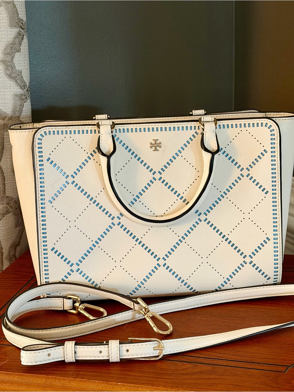 Tory Burch White Leather Satchel with Blue Perforated Pattern